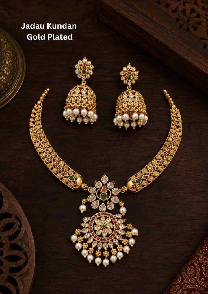 Gold-plated necklace set with intricate design long necklace Setand earrings  with green and red stones come with jadau kundan in necklace set  with beads and in pendent and earrings shows clear design and in detailed shown in picture it will not fade color and water proof can used for festivals, bridals, and weeding's  
