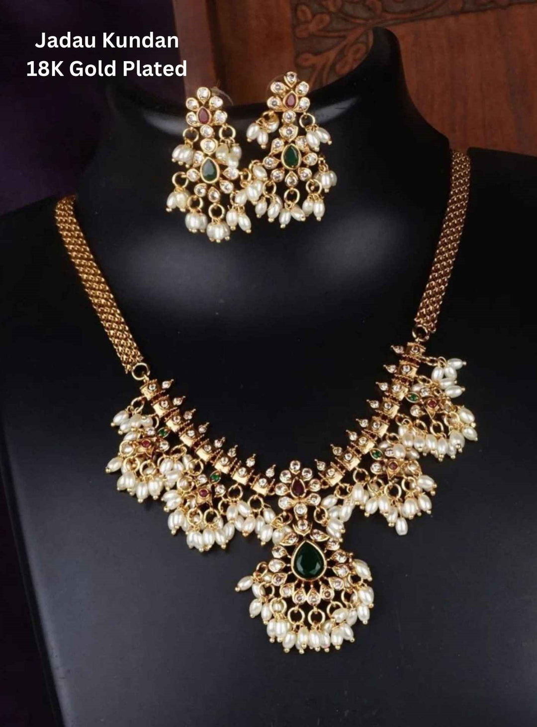 Jadau Kundan Beads Pearl Drops Gold Plated Necklace With Earrings