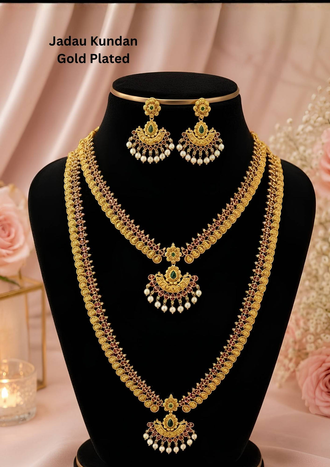 Luxurious Jadau Kundan gold plated bridal necklace set featuring layered long harams, matching earrings, green stone accents, and pearl dangles. Perfectly crafted for bridal wear, weddings, receptions, and grand festive occasions.