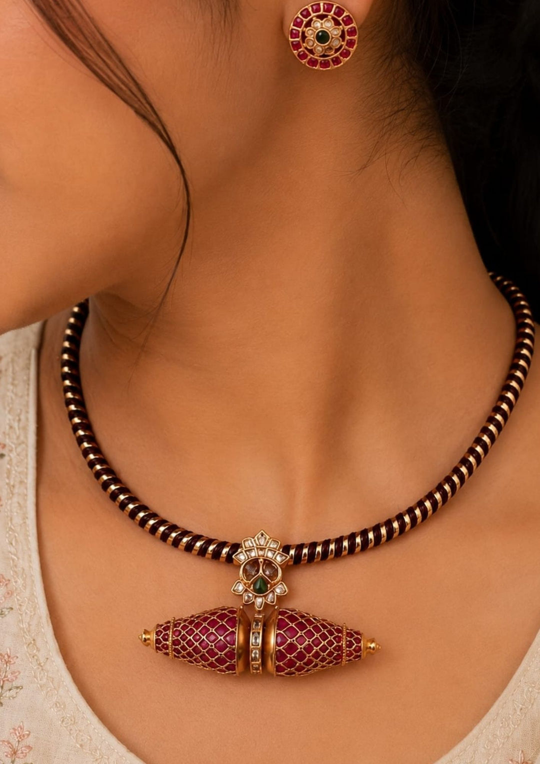south Indian women wearing a kante necklace set with studs . Detailed view of the circular Kemp stone stud earrings and the matching Kante necklace pendant. The jewelry showcases premium antique gold plating, precise square-cut red stones, and central green accents, offering a sweat-proof, anti-fade, and high-quality traditional look for festive celebrations.