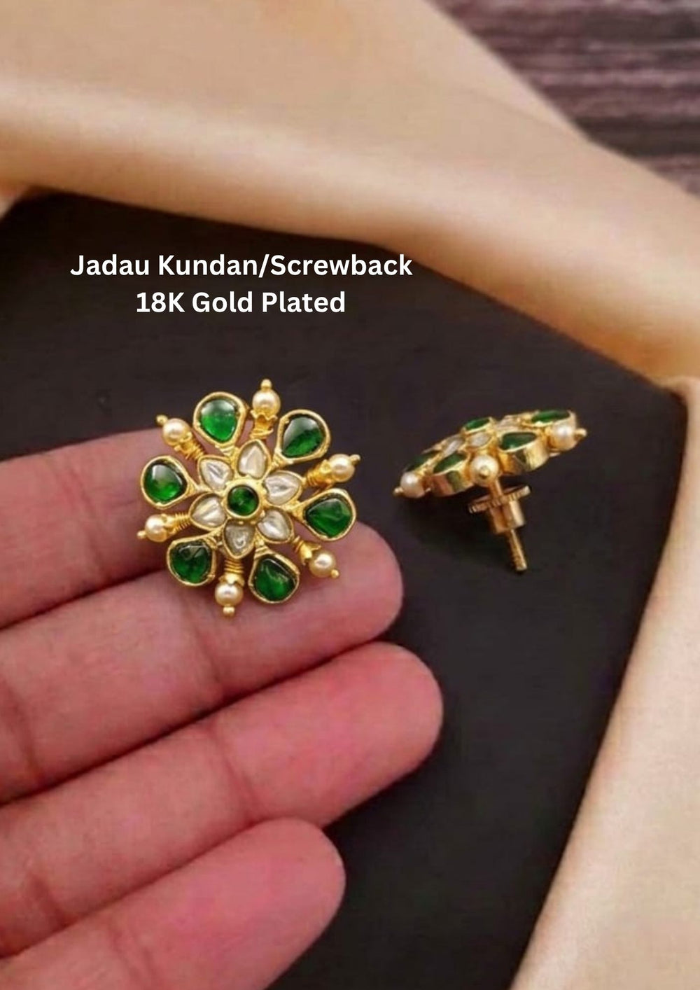 Jadau Kundan Emerald Screwback Gold Plated Studs