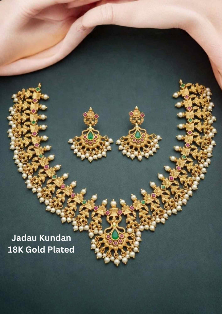 Jadau Kundan Gold Plated Beads Pearl Drop's Necklace with Earrings