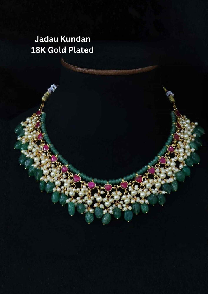 Jadau Kundan Gold Plated Heart Shape and Beads Necklace  