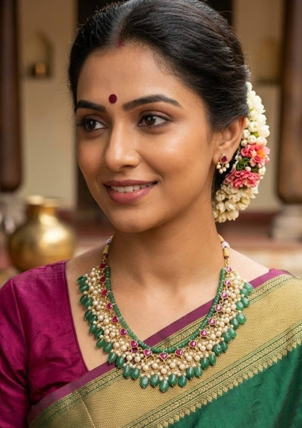 Jadau Kundan Gold Plated Heart Shape and Beads Necklace Model Image