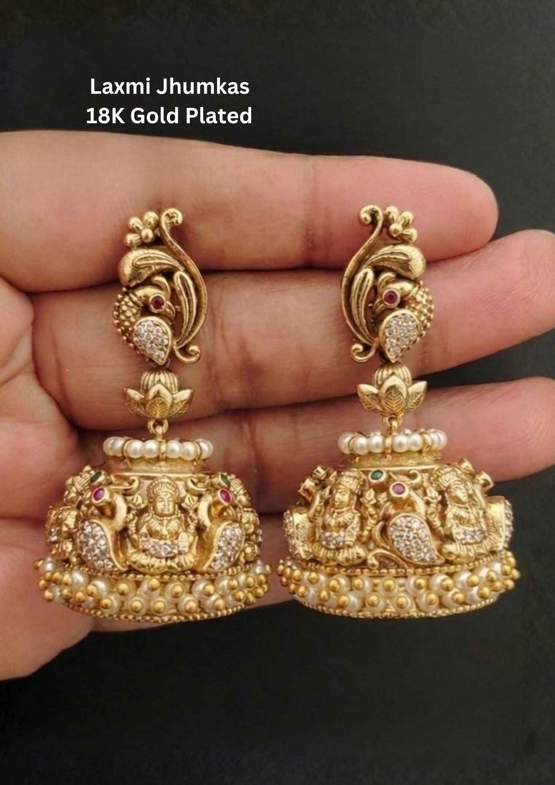 Jadau Kundan Gold Plated Temple Laxmi Devi and Peacock Model Jhumkas 