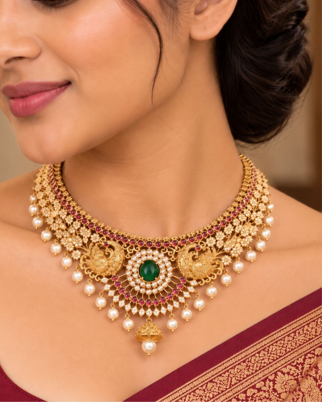Gold pleted jadau kundan chocker set designed with twin peackocks and in center big emerald stone and bottom comes with bell and pearls to entire chocker and this set comes with matching big earrings perfect for birdal wear, functions