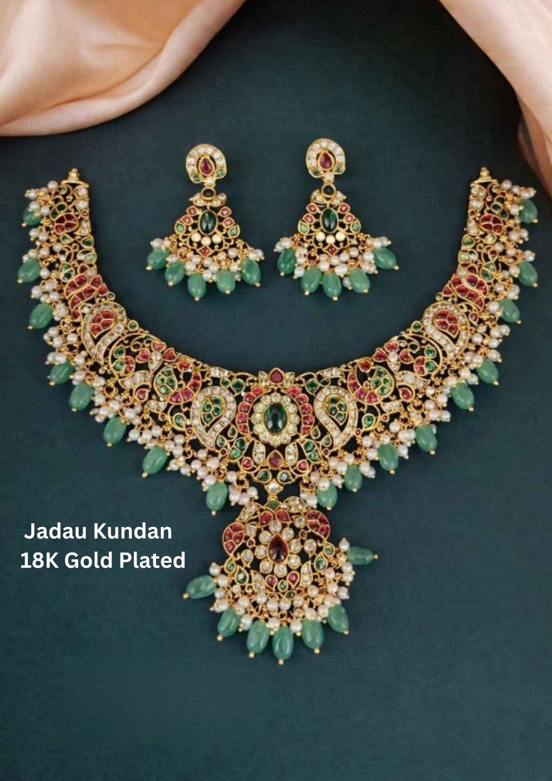 Jadau Kundan Gold Plated Beads Necklace with Earrings