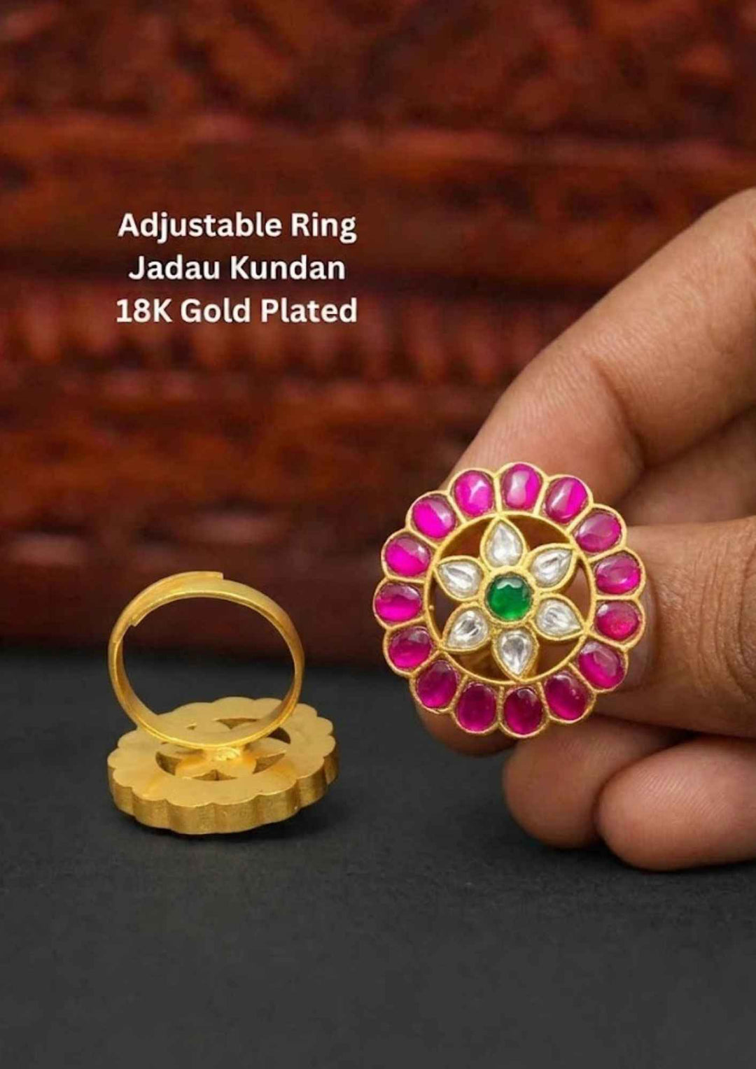 Jadau Kundan Gold Plated Adjustable Fingering 