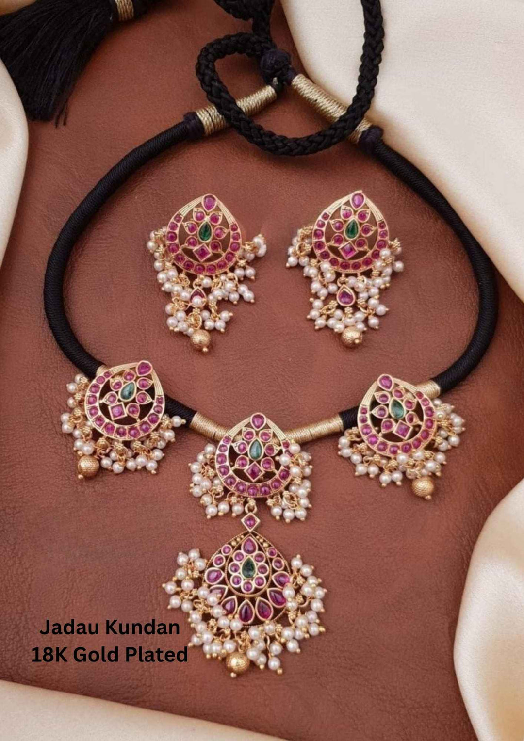 Jadau Kundan Gold Plated Beads Necklace With Earrings 
