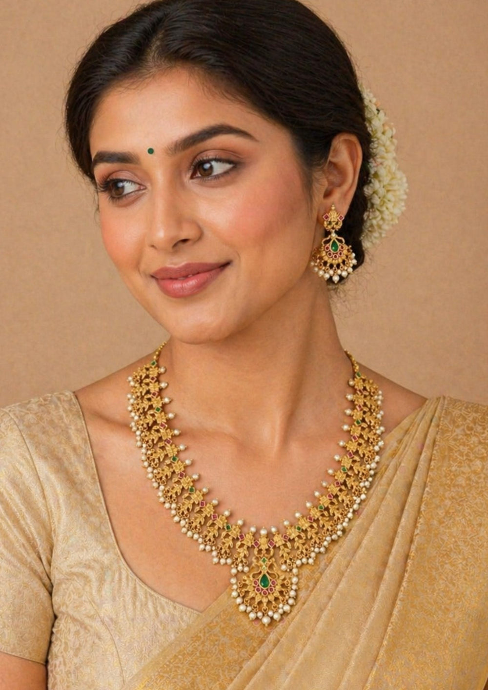 Jadau Kundan Gold Plated Beads Pearl Drop's Necklace with Earrings