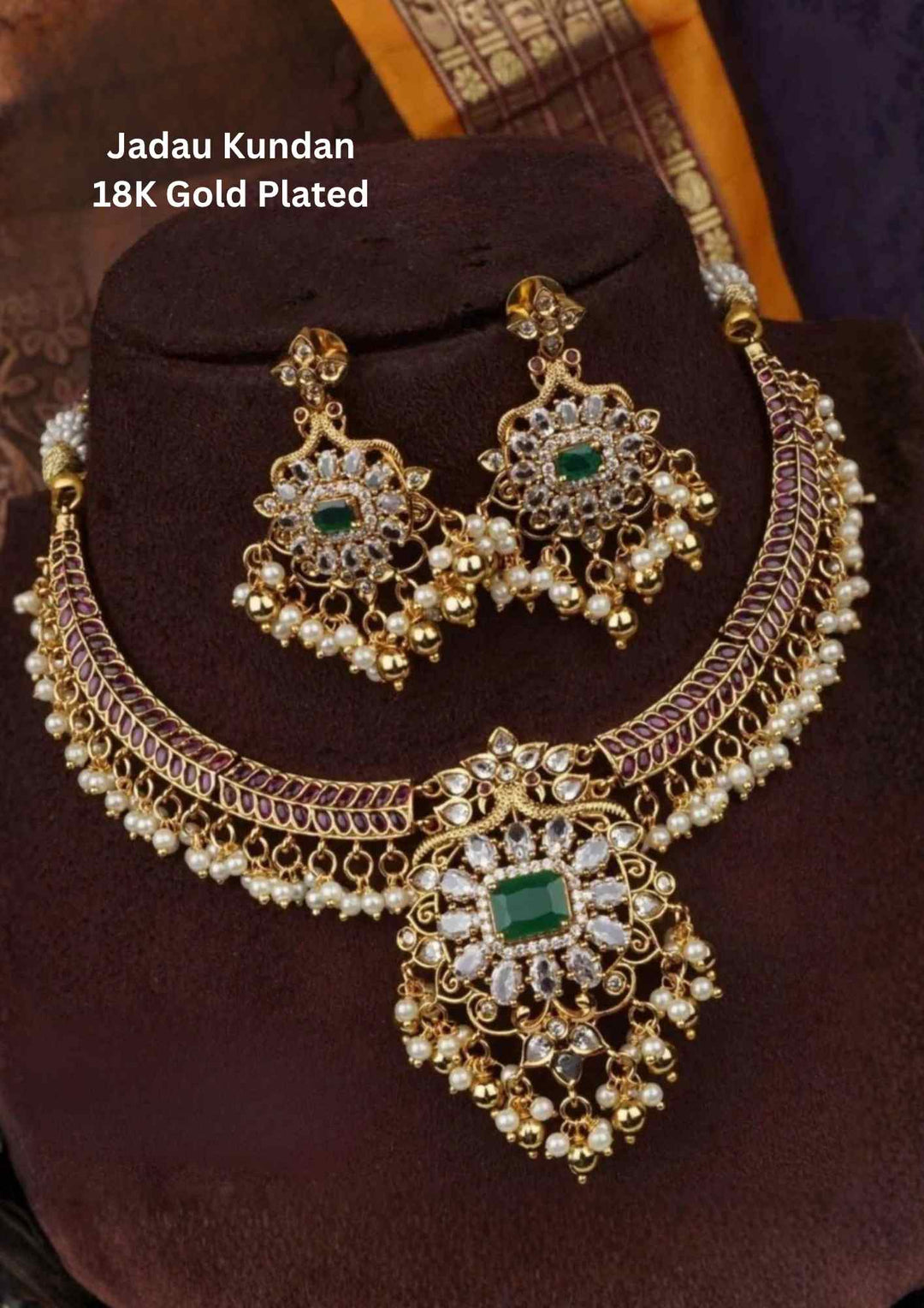 Jadau Kundan Gold Plated Beads Floral Necklace With Earrings