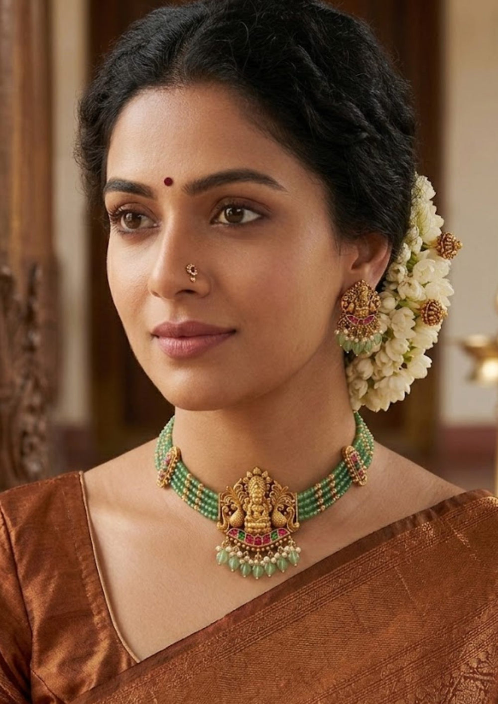 South Indian women wearing Jadau kundan 18K gold plated temple choker set designed with Lakshmi pendant, green beads, pearl drops and traditional antique finish that gives a graceful royal bridal look for weddings, temple functions, festive occasions, poojas and classical ethnic styling with matching earrings and comfortable lightweight use.