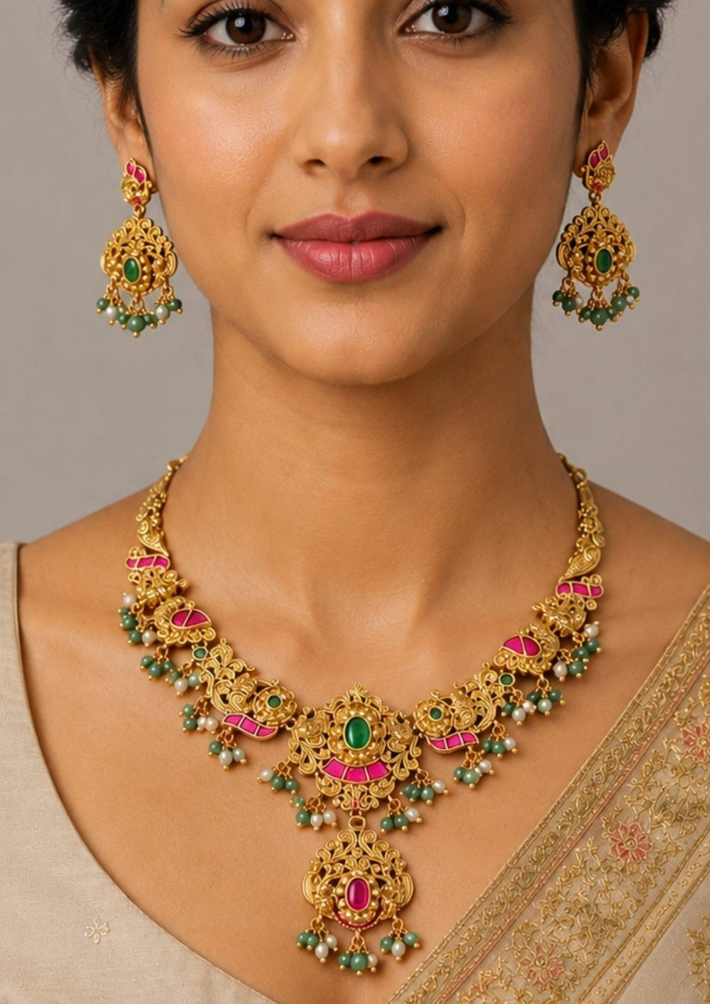Woman wearing a gold necklace and earrings with green and red stones Traditional jadau kundan gold plated necklace set featuring intricate antique floral carvings with pink kundan accents, green center stones, pearl drops and green bead hangings. The heavy bridal necklace includes a grand pendant with matching chandbali style earrings, creating a rich South Indian traditional look suitable for weddings, bridal wear, temple functions and festive celebrations.