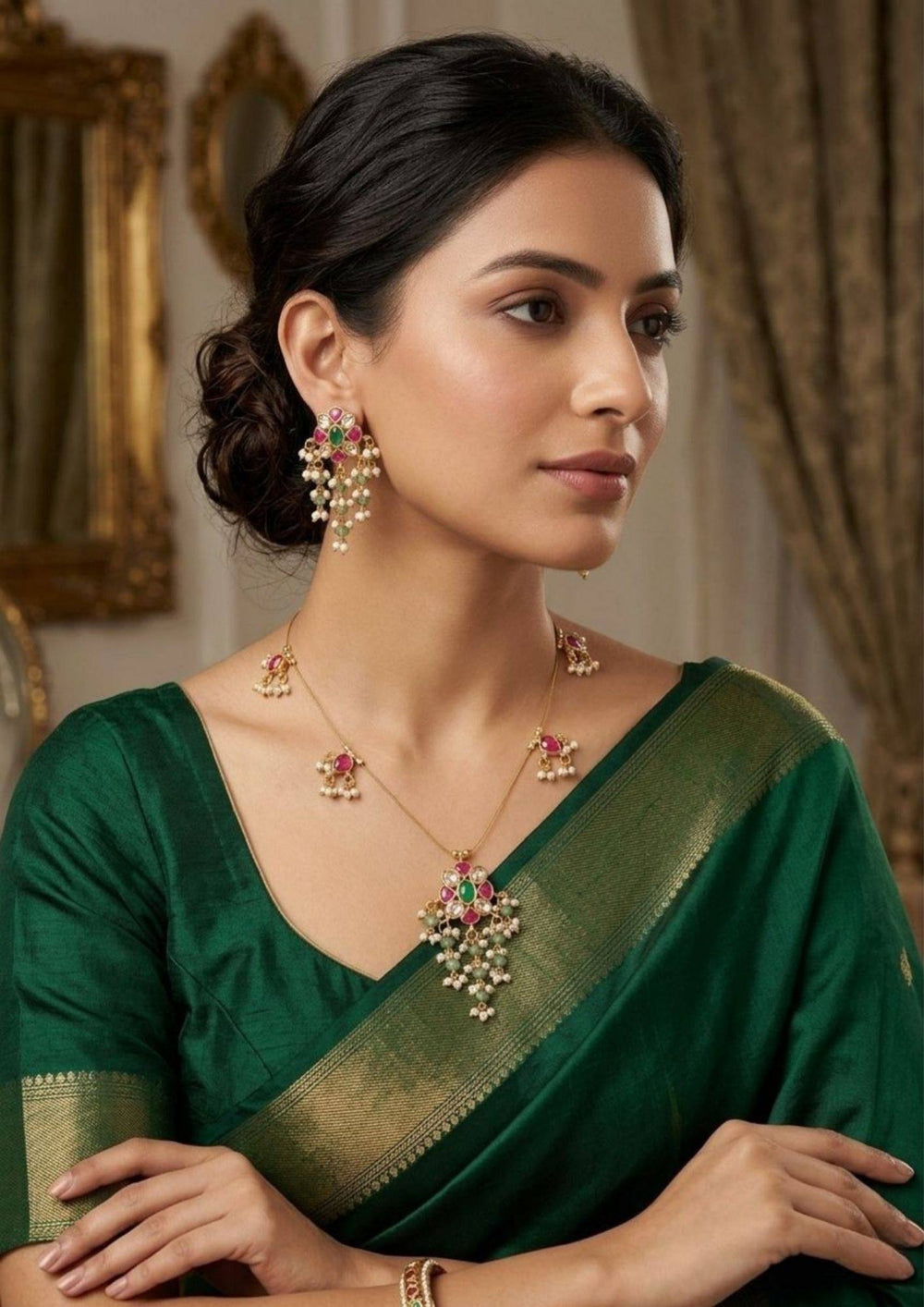 Jadau Kundan Gold Plated Beads Necklace with Earrings  model pic