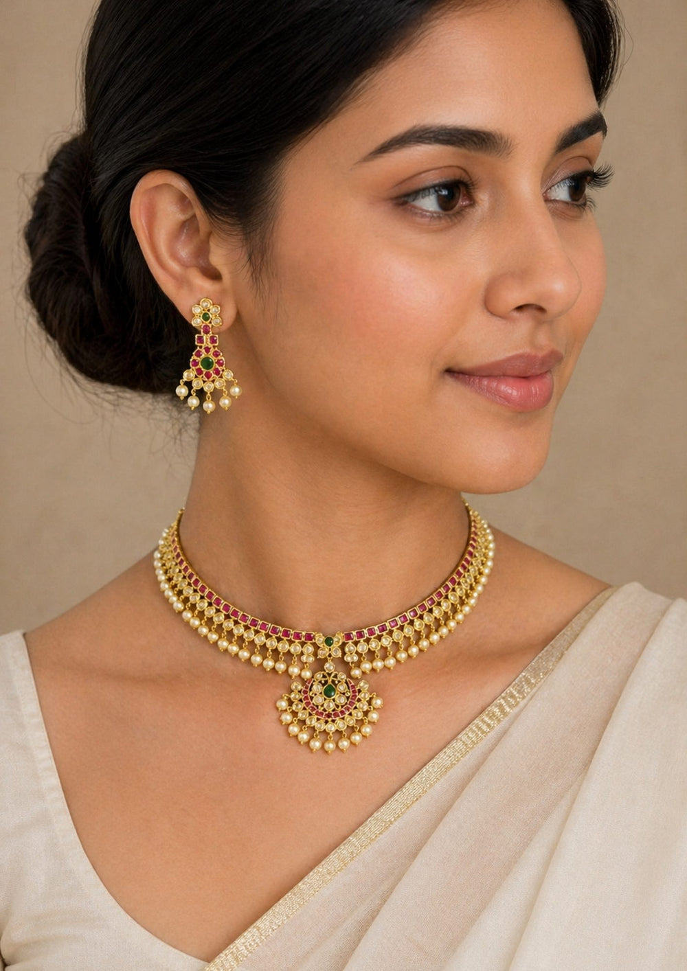 South indian women wearing a Traditional style 18K gold plated choker necklace set designed with a red stone border band, white crystal outlines, a central crescent pendant, and clean rows of hanging white pearl drops that give a neat traditional look for festive celebrations, poojas, and weddings.