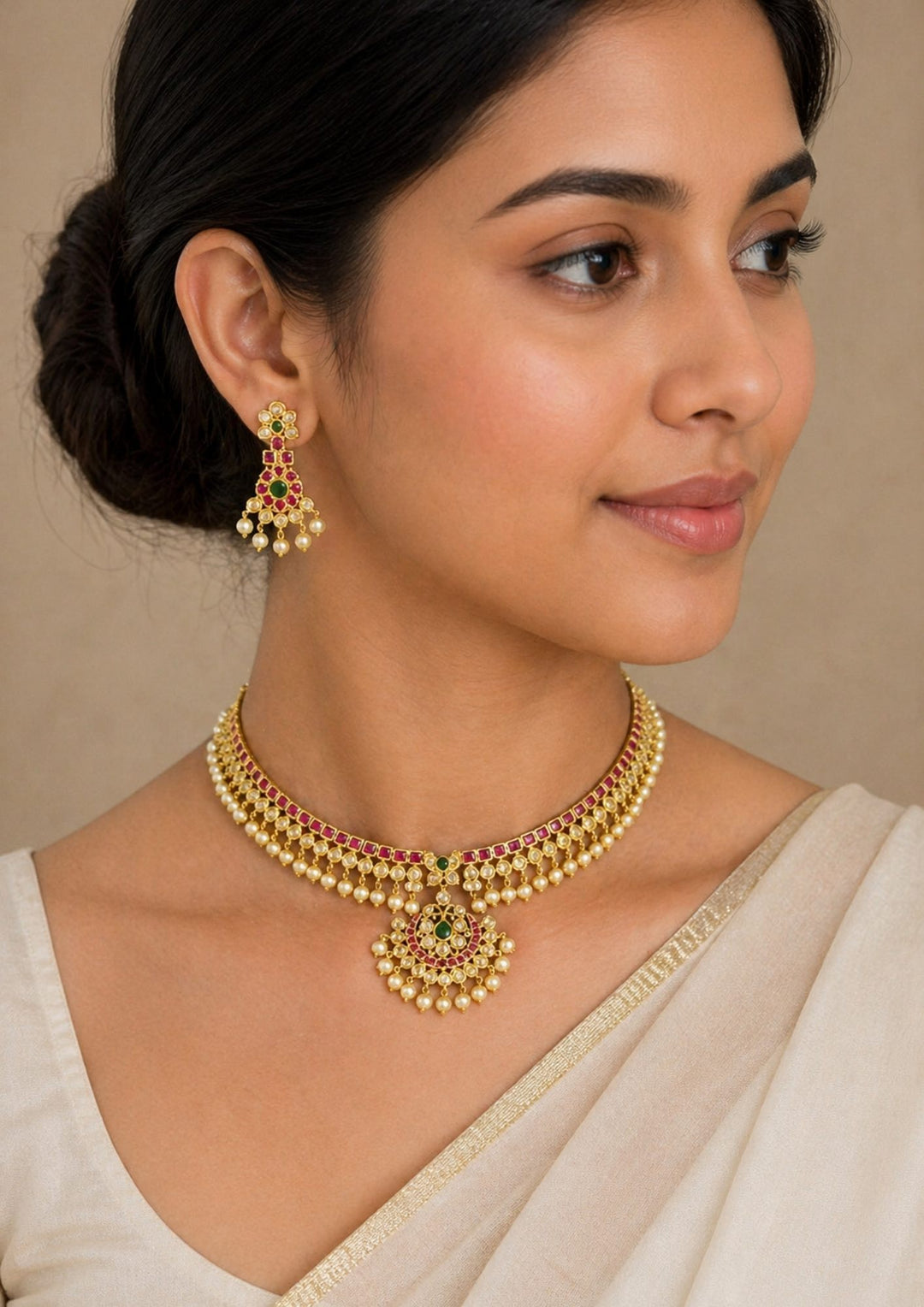South indian women wearing a Traditional style 18K gold plated choker necklace set designed with a red stone border band, white crystal outlines, a central crescent pendant, and clean rows of hanging white pearl drops that give a neat traditional look for festive celebrations, poojas, and weddings.