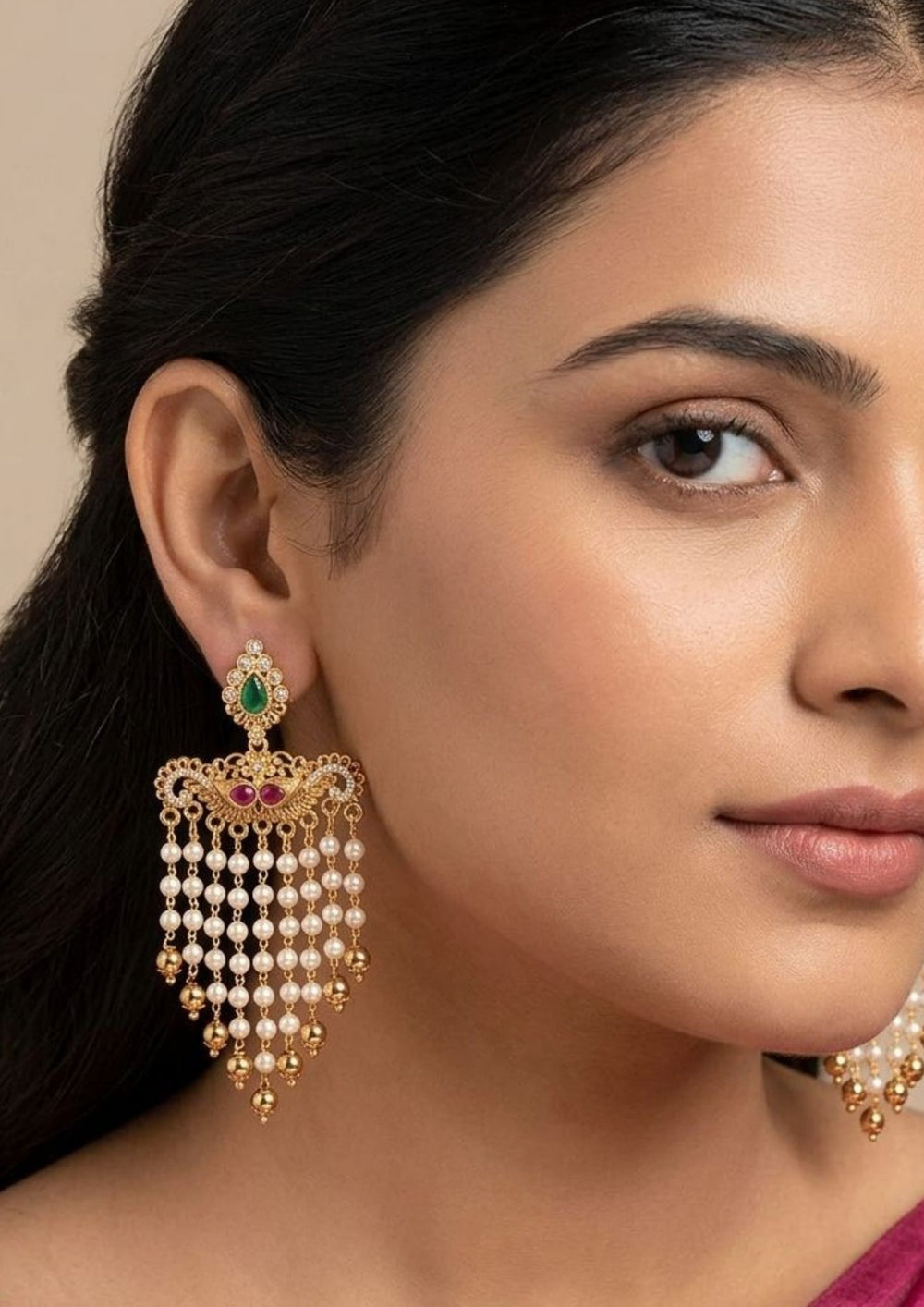 Jadau Kundan Gold Plated Beads with Pearl Jhumkas Model Pic