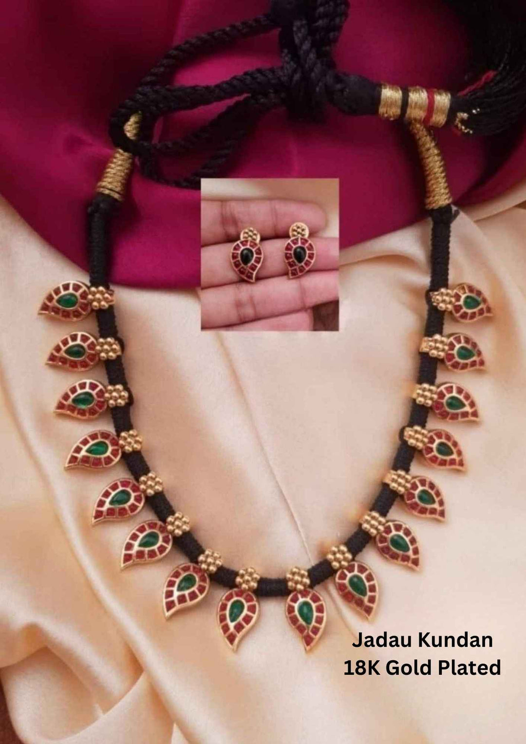 Jadau Kundan Gold Plated Black Thread Necklace With Earrings