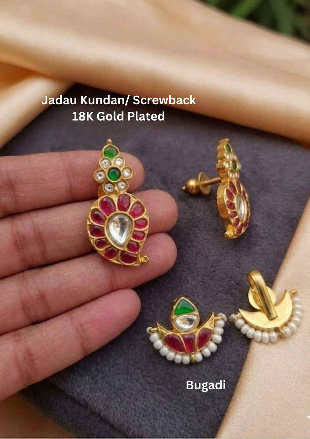 Jadau Kundan Bugadi( No piercing needed )& Screwback Earrings Combo