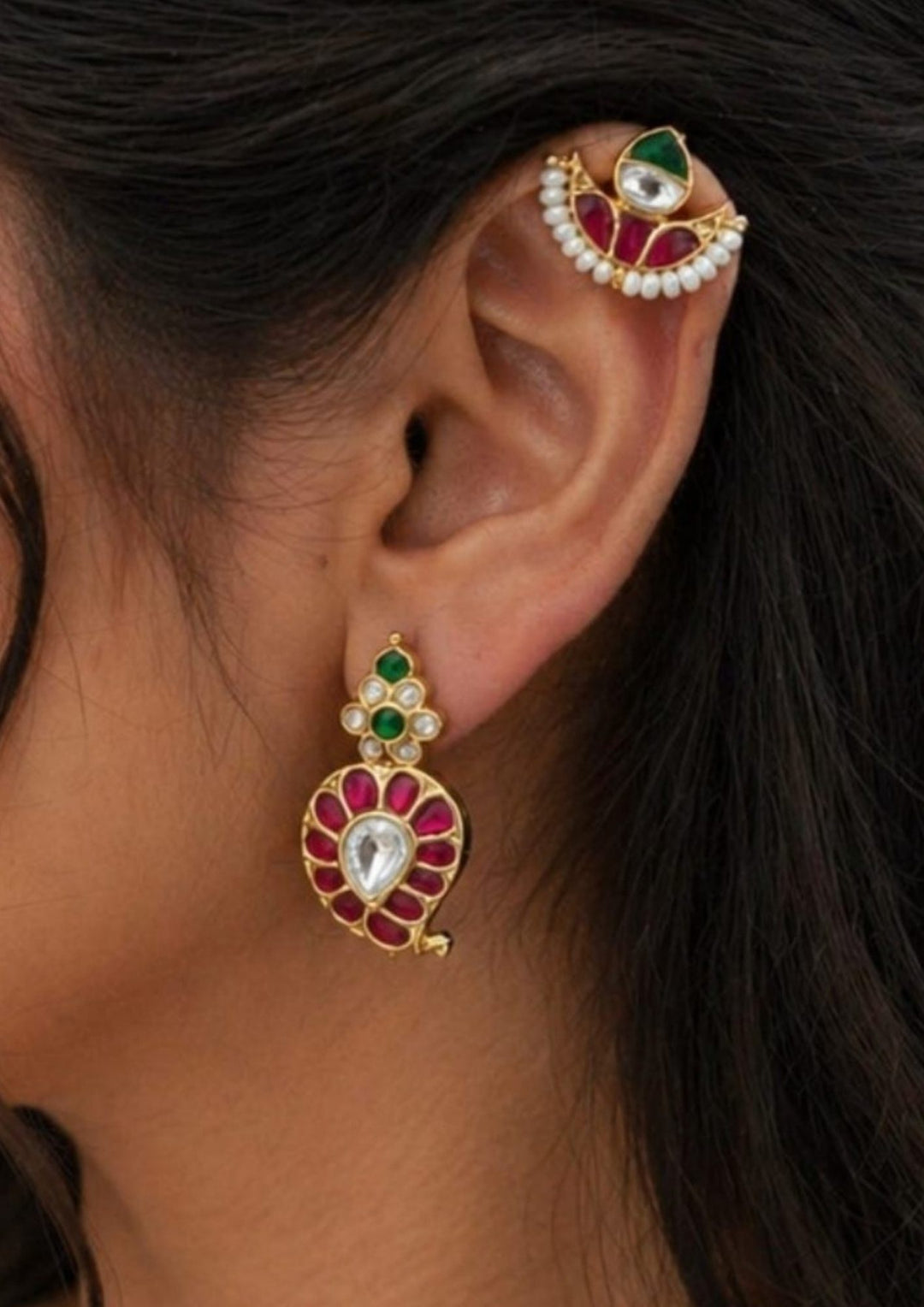 Jadau Kundan Gold Plated Bugadi( No piercing needed )& Screwback Earrings Combo