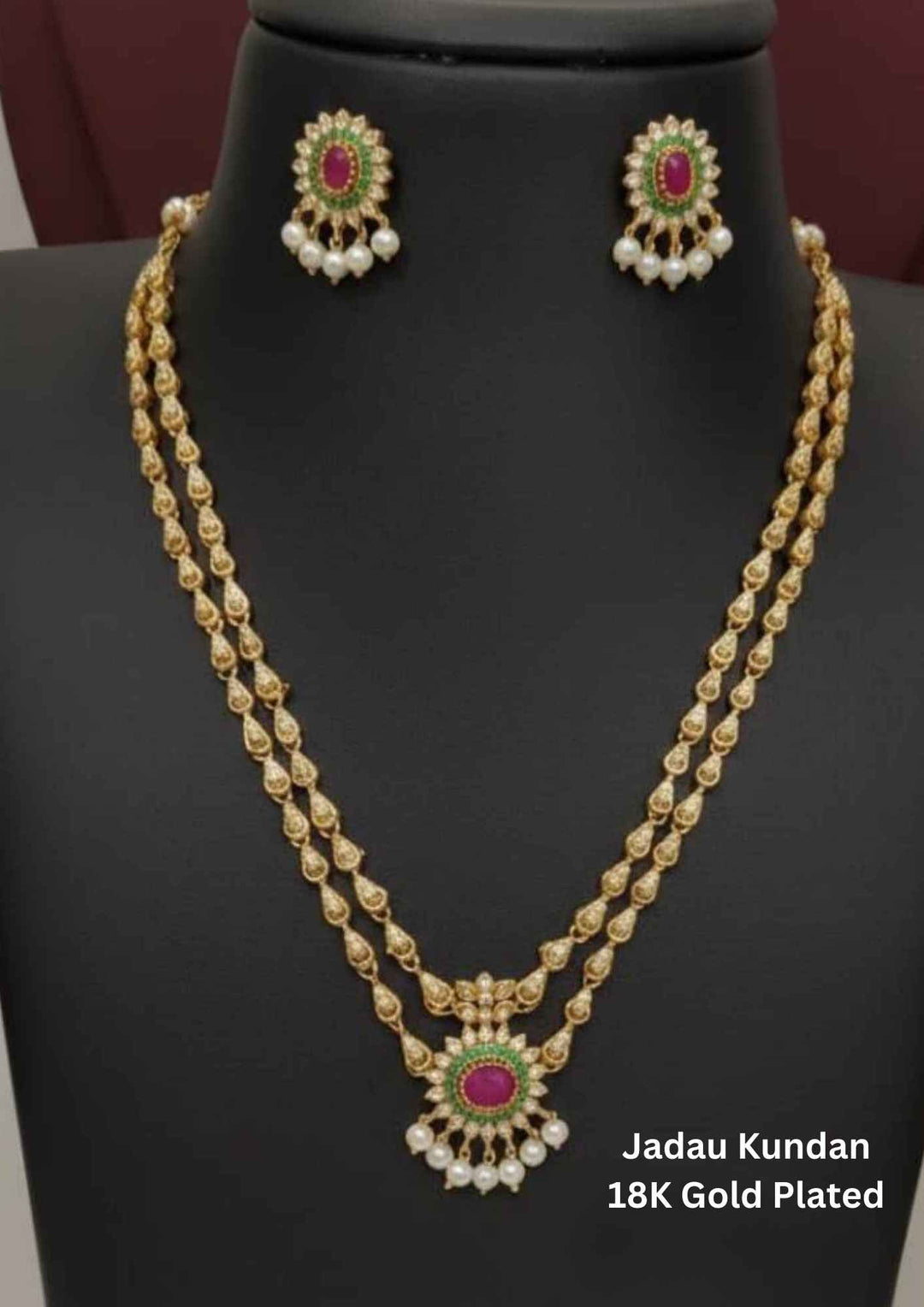 Jadau Kundan Gold Plated Double layer Necklace With Earrings