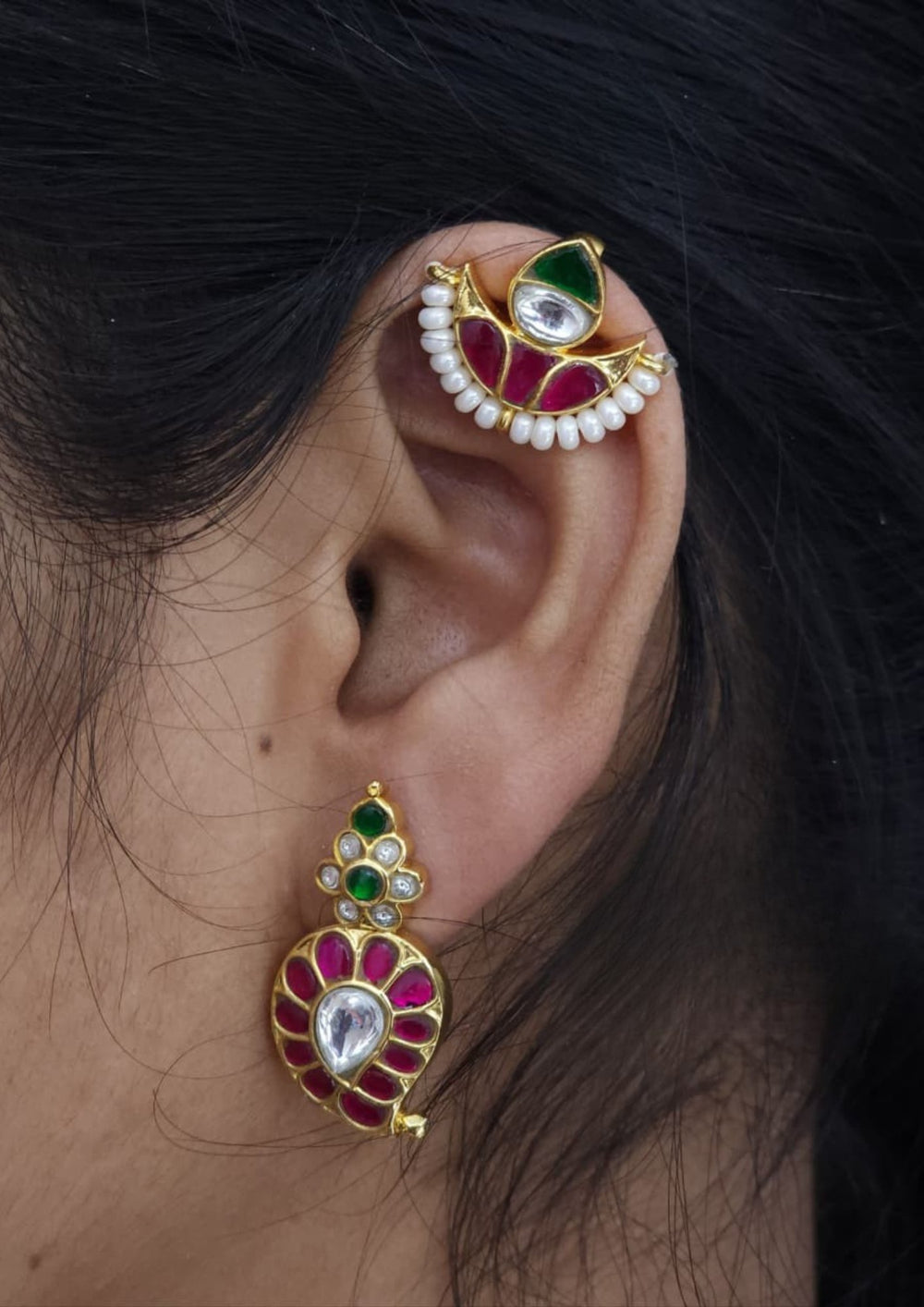 Jadau Kundan Gold Plated Earrings and Bugadi Combo ideal for tradtional and party wear