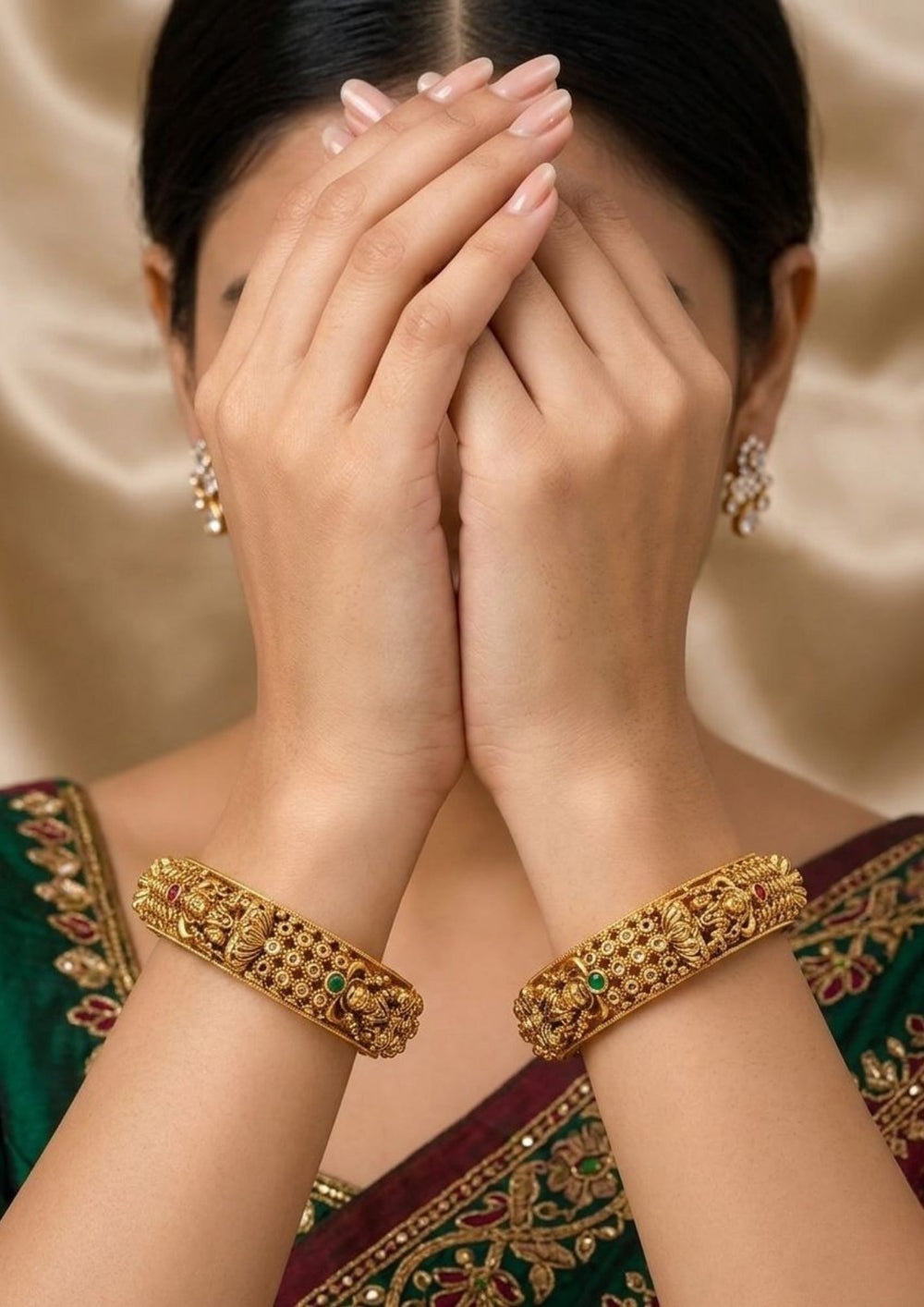 Jadau Kundan Gold Plated Floral Laxmi Devi Openable Bangles (Set of 2) Model Pic
