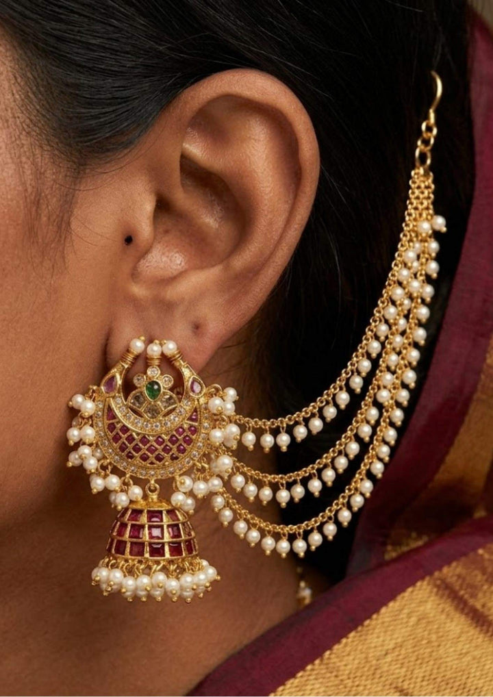 Jadau Kundan Gold Plated Gutapusallu Earrings andEarchains (Combo)