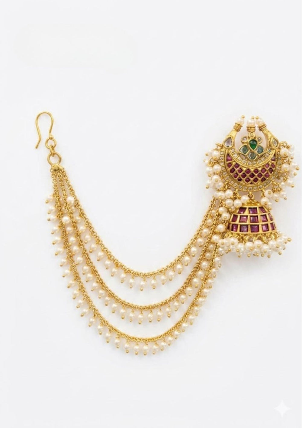 Jadau Kundan Gold Plated Gutapusallu Earrings and Earchains (Combo) White Background