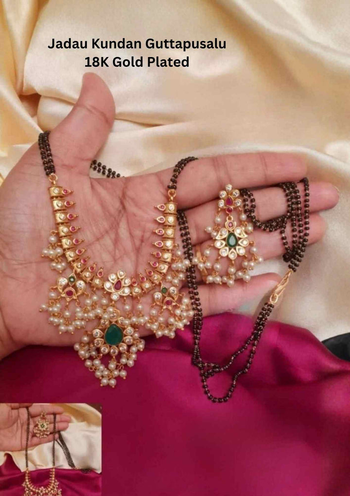 Jadau Kundan Gold Plated Guttapusalu Beaded Mangalsutra With Earrings
