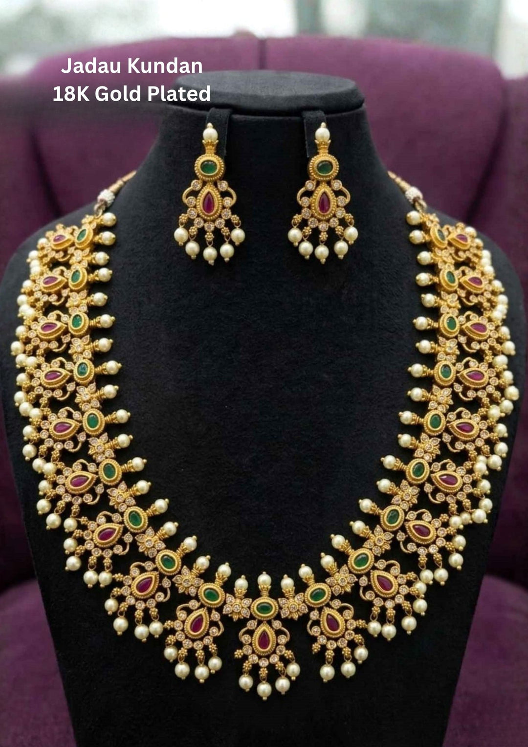 Jadau Kundan Gold Plated Guttapusalu Necklace with Earrings
