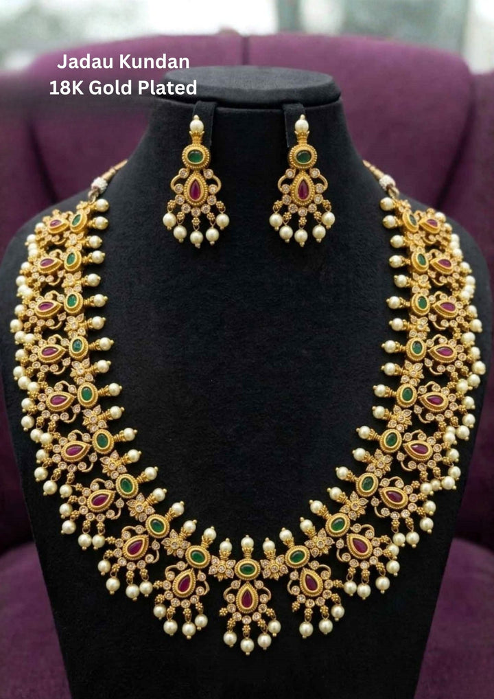 Jadau Kundan Gold Plated Guttapusalu Necklace with Earrings