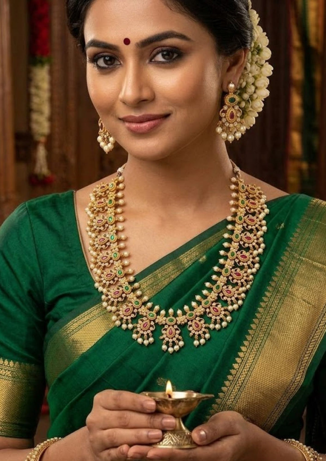 Jadau Kundan Gold Plated Guttapusalu Necklace with Earrings Model Pic