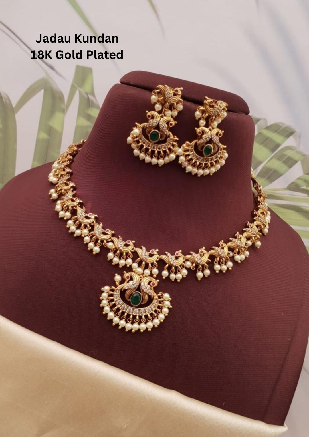 Jadau Kundan Gold Plated Guttapusalu Peacock Design Necklace with Earrings