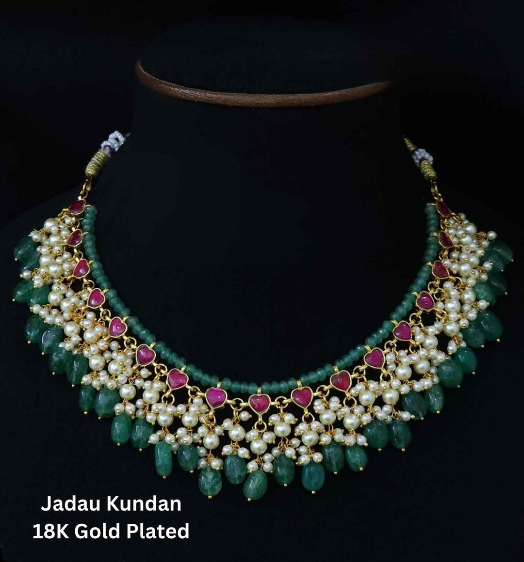 Jadau Kundan Gold Plated Heart Shape and Beads Necklace 