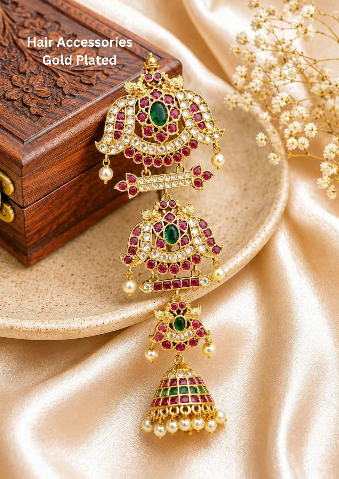 Jadau Kundan Gold Plated Hair Accessories  designed with pink and green stones abd white pearl hangings in four steps with  flower and doom shaped  design it is Lightweight, Anti-Tarnish, Perfect for dailywear, weddings & festivals. 