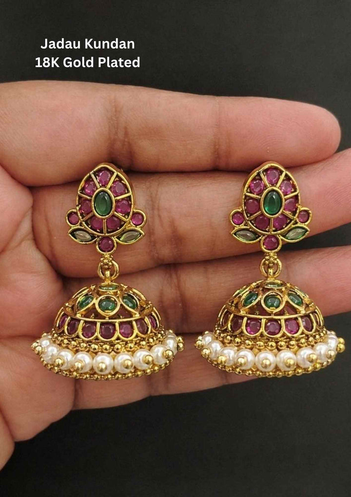 Jadau Kundan Gold Plated Jhumkas with Pearls 