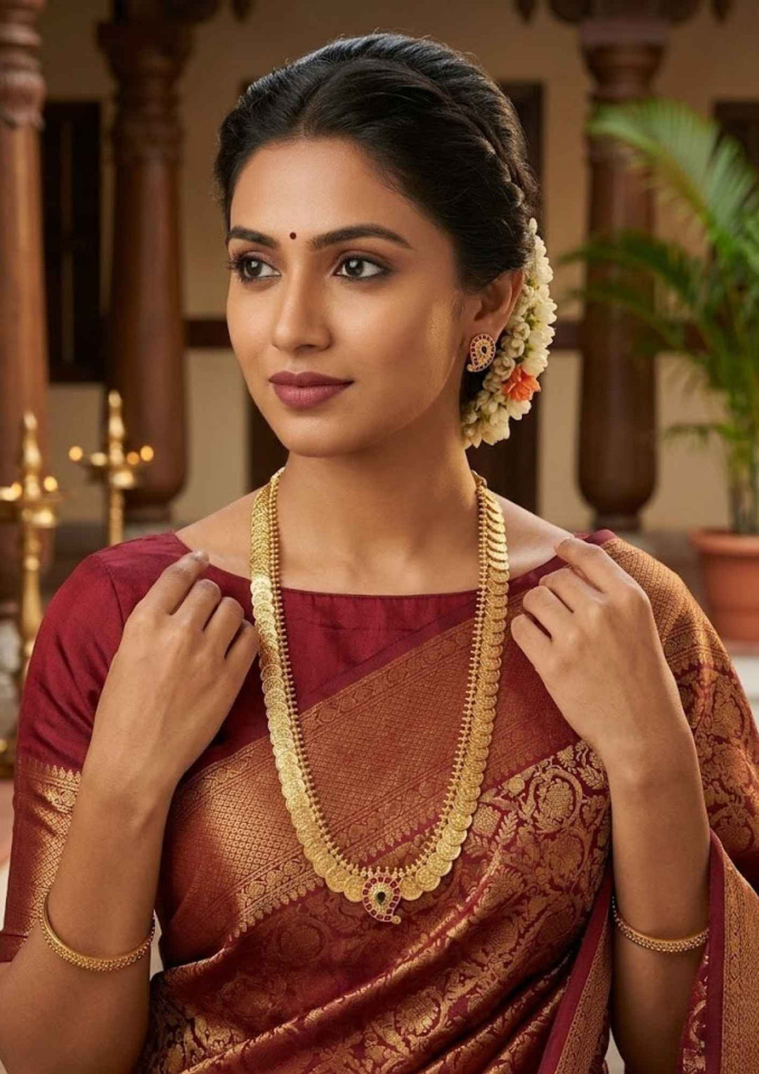 Traditional South Indian antique gold plated Laxmi Kasulaperu haram necklace set designed with structured gold coin arrays, ruby accents, and an elegant matte gold finish that gives a graceful traditional look for festive celebrations, poojas, family functions, and bridal outfits with lightweight comfortable use