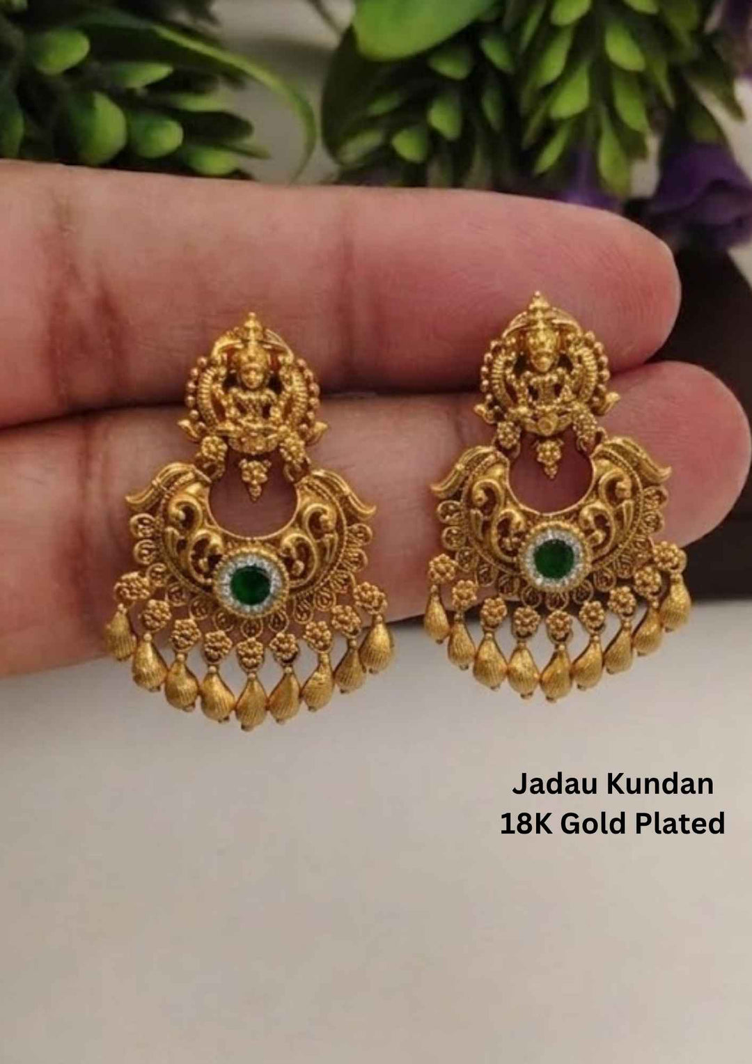 Jadau Kundan Gold Plated Laxmi Devi Chandbali Earrings with green stone