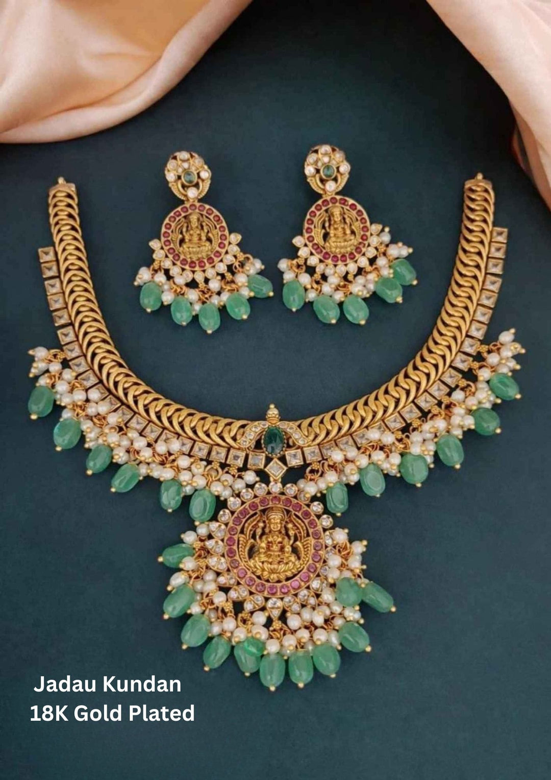 Jadau Kundan Gold Plated Laxmi Devi Temple Necklace with Earrings