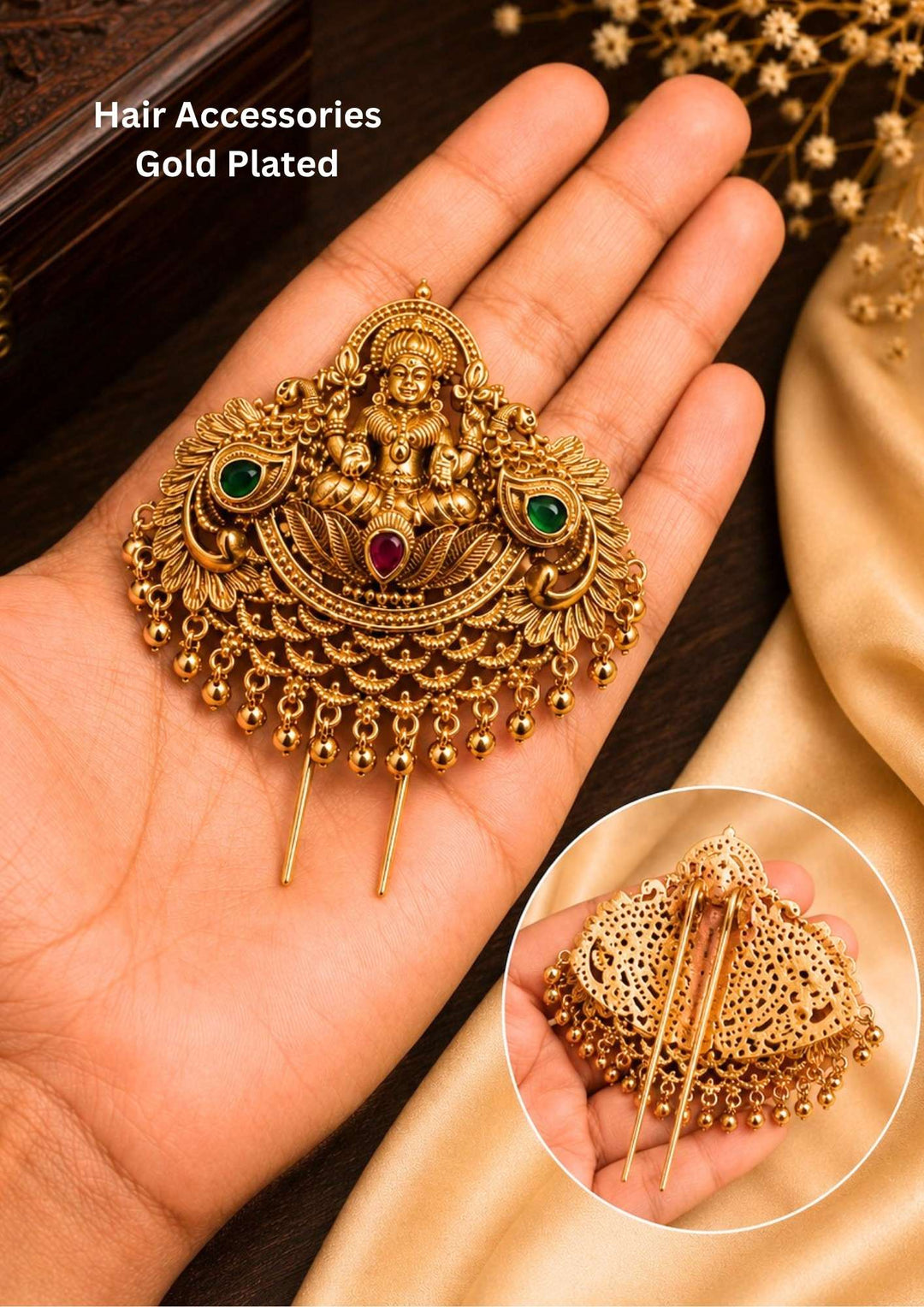 Jadau Kundan Gold Plated Laxmi Devi Hair Accessories  designed with pink and green stones with  godesslaxmi and peacock design it is Lightweight, Anti-Tarnish, Perfect for dailywear, weddings & festivals. 
