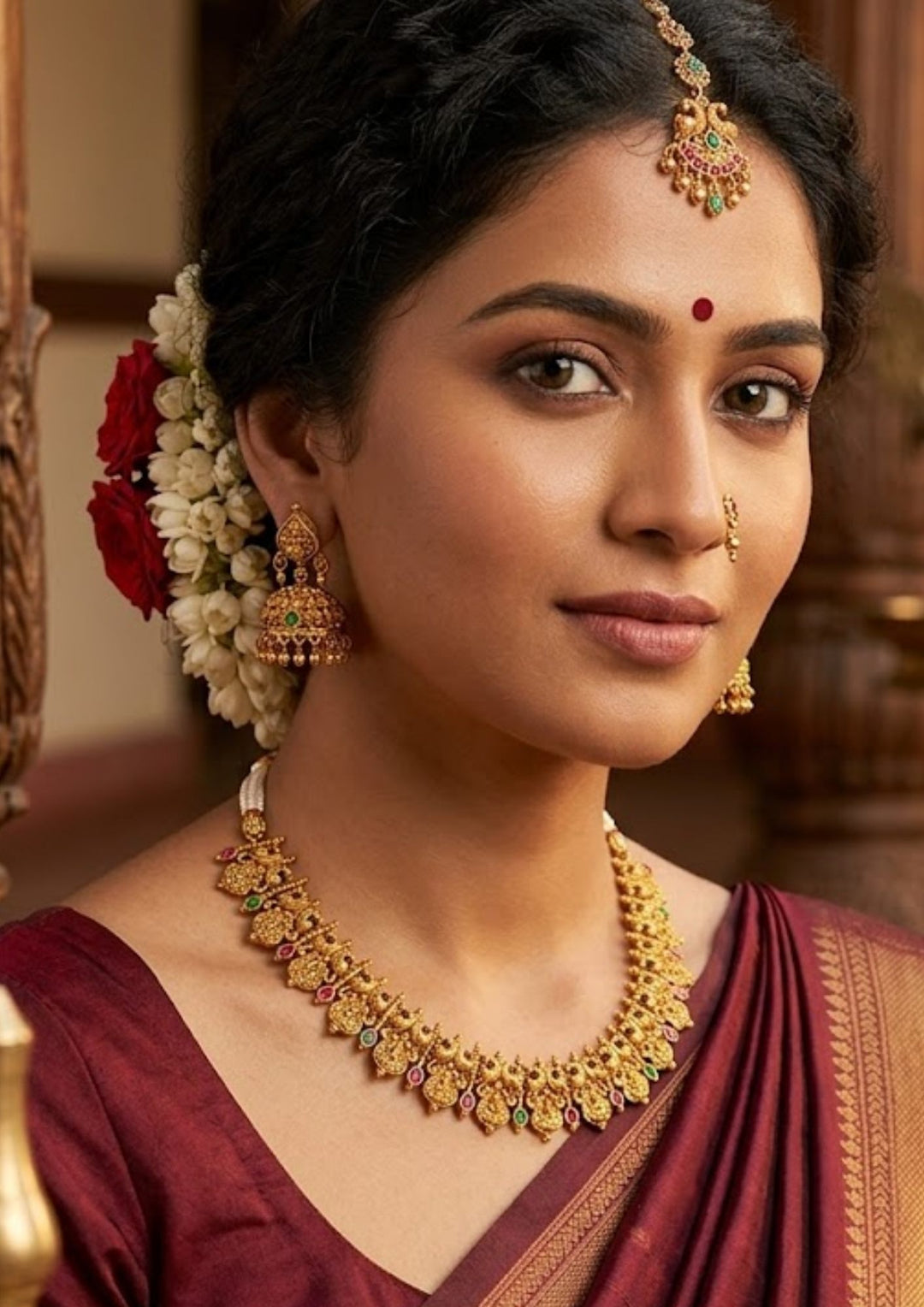 South indian women wearing Jadau Kundan Gold Plated laxmi kasula peru haram Necklace with Earrings at Zevana. Lightweight, Anti-Tarnish, Perfect for dailywear, weddings & festivals. Pan-India delivery available.
