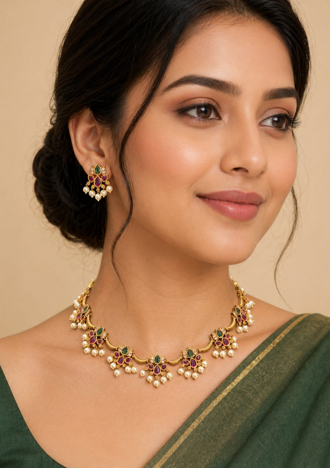 Jadau Kundan Gold Plated Lotus Necklace with Earrings Model Pic