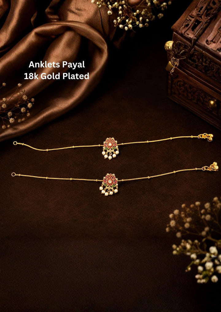 Jadau Kundan Gold Plated Pattilu designed with lotus flower in the middle of anklet and last come with two muvvalu  perfect for dailywear, functions, weddings and it is anti fade color