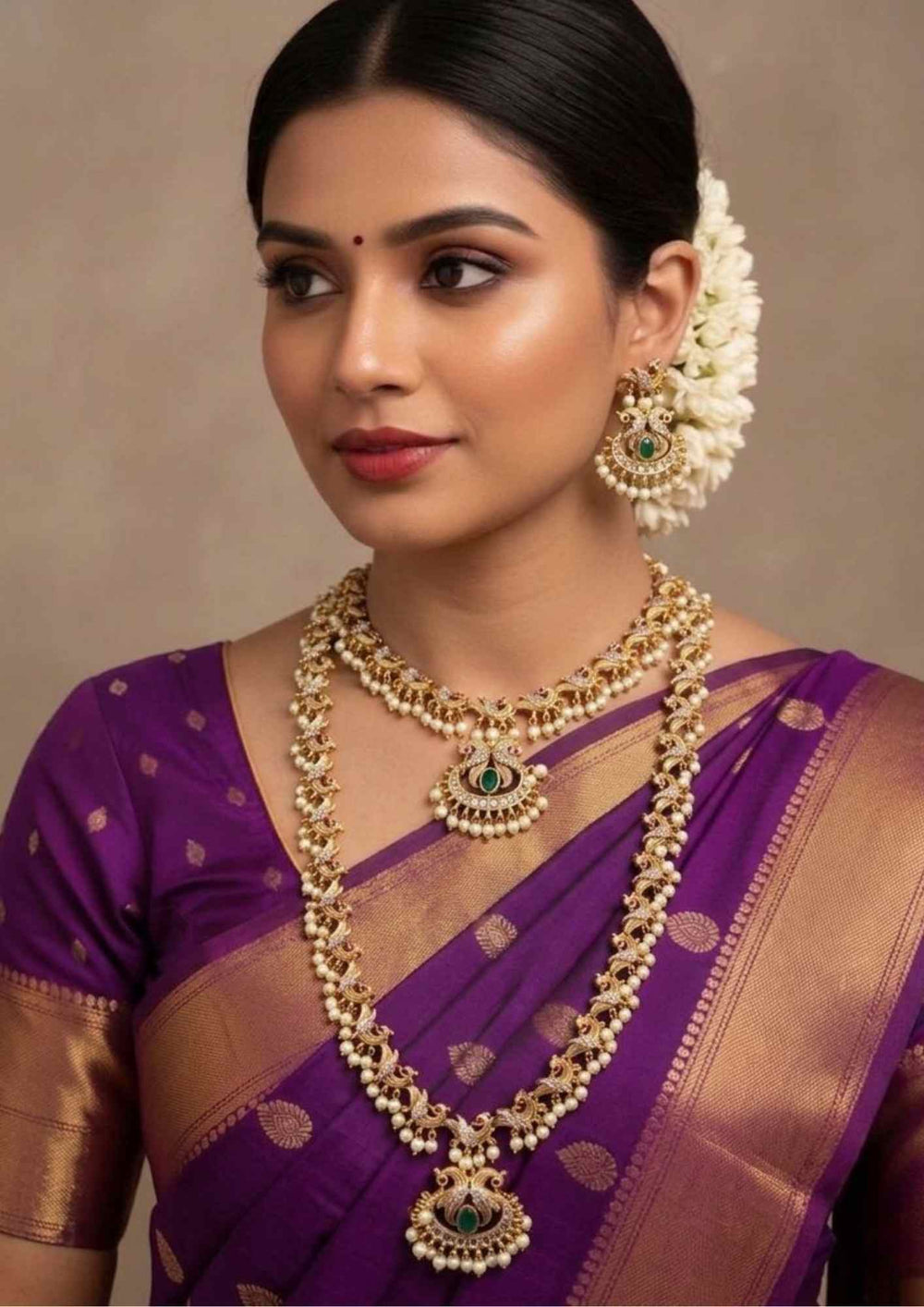 Jadau Kundan Gold Plated Peacock Design Haram and Necklace set with Earrings