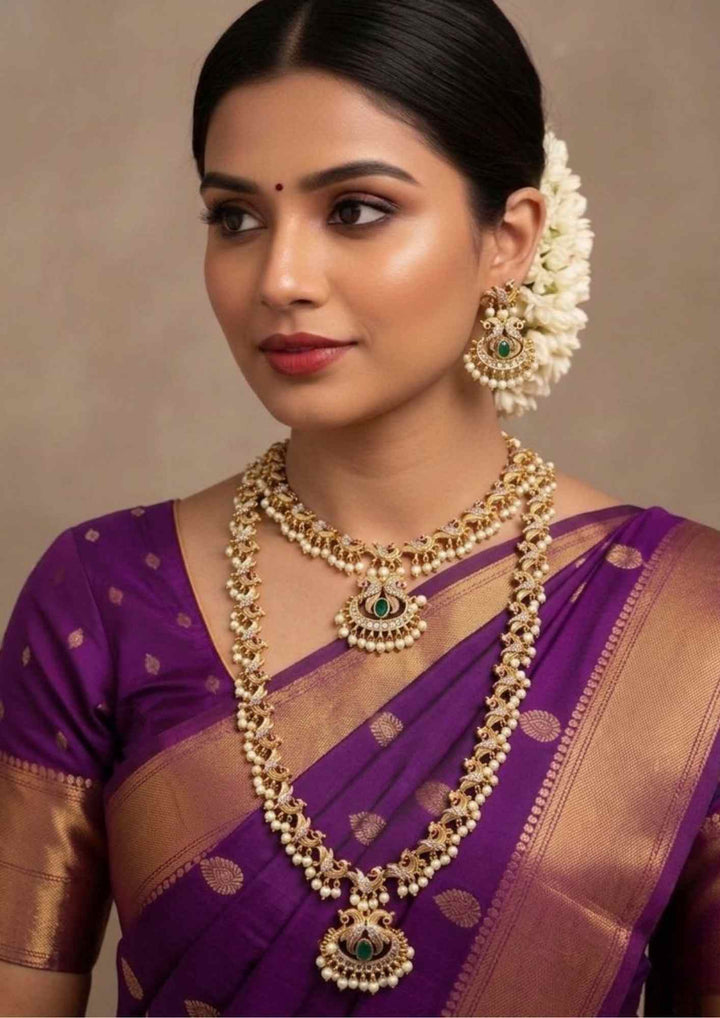 Jadau Kundan Gold Plated Peacock Design Haram and Necklace set with Earrings