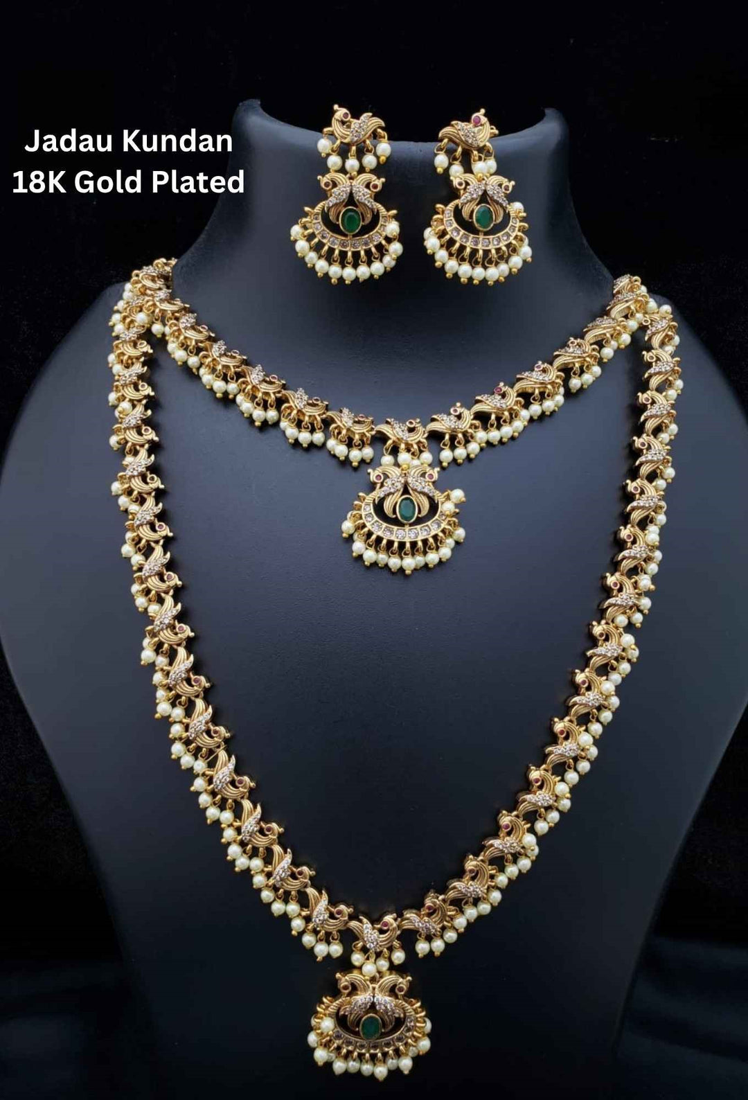 Jadau Kundan Gold Plated Peacock Design Haram and Necklace with Earrings