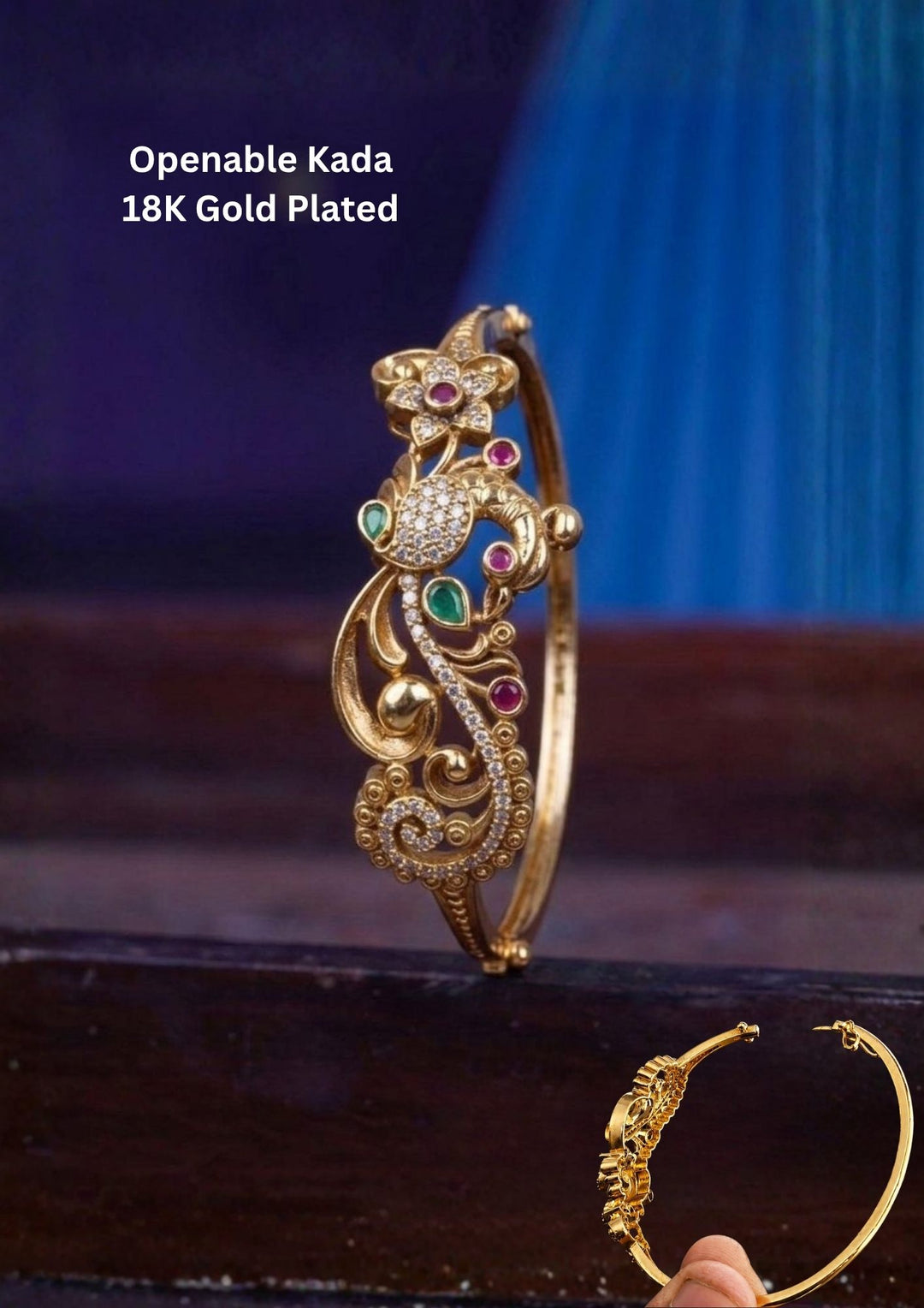Jadau Kundan Gold Plated Peacock Design Openable Kada 