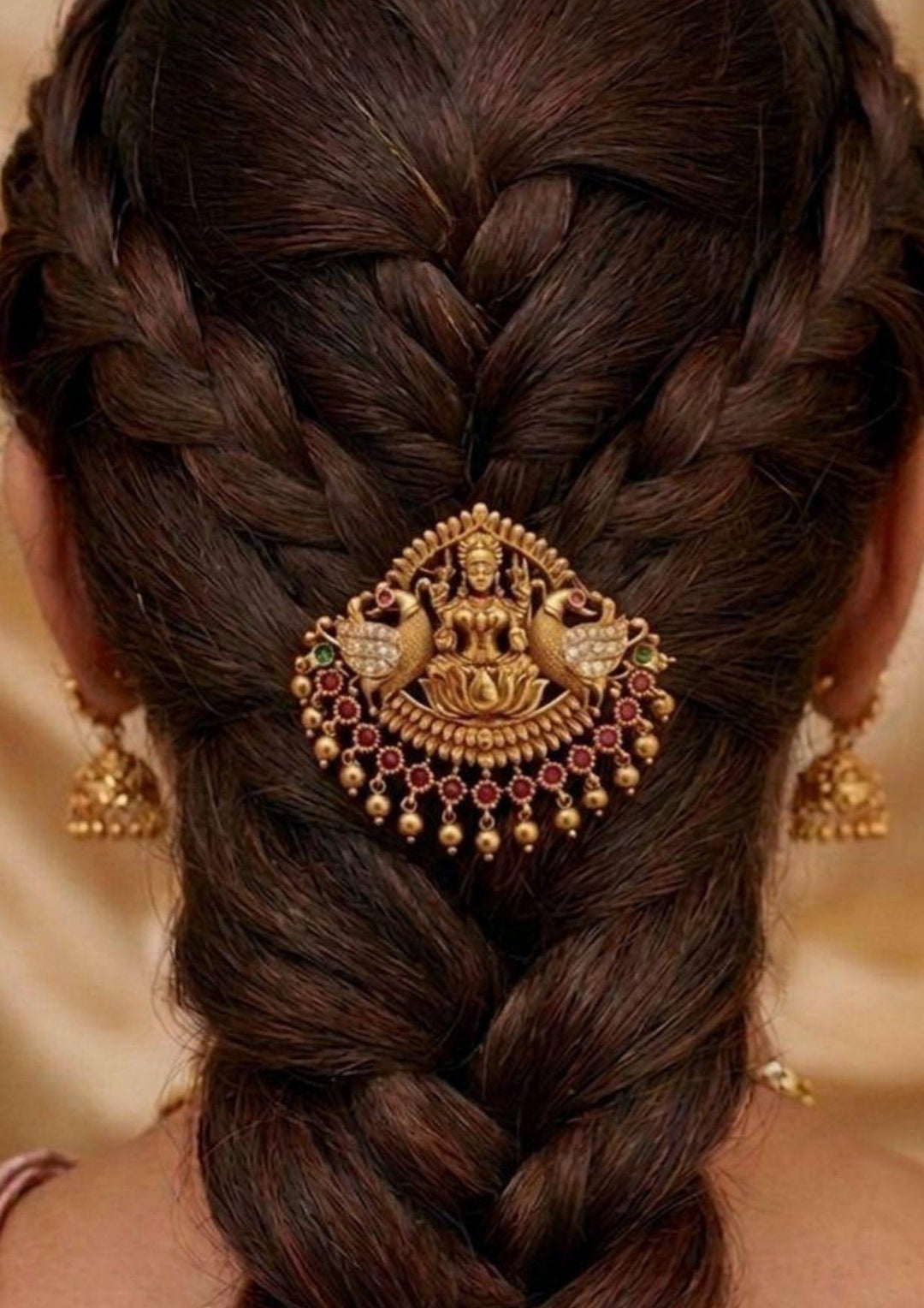 Jadau Kundan Gold Plated Peacock Laxmi Devi Hair Accessories Model Image