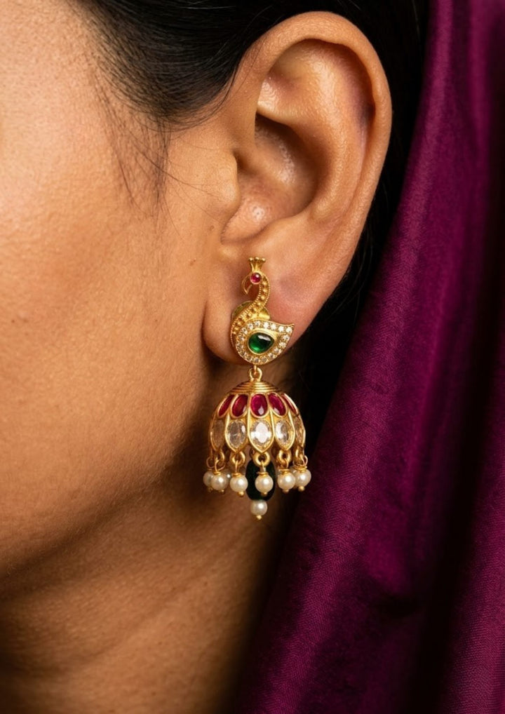 Jadau Kundan Gold Plated Pearl Drop Peacock Jhumkas  Model Image